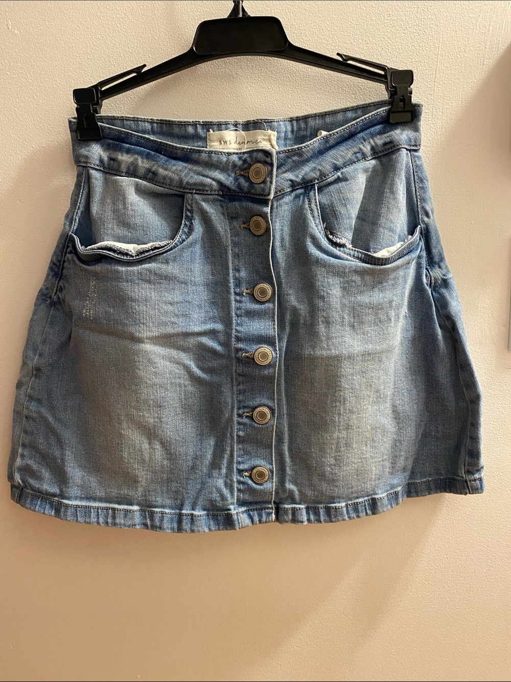 Button-Front Light Blue Denim Mini Skirt